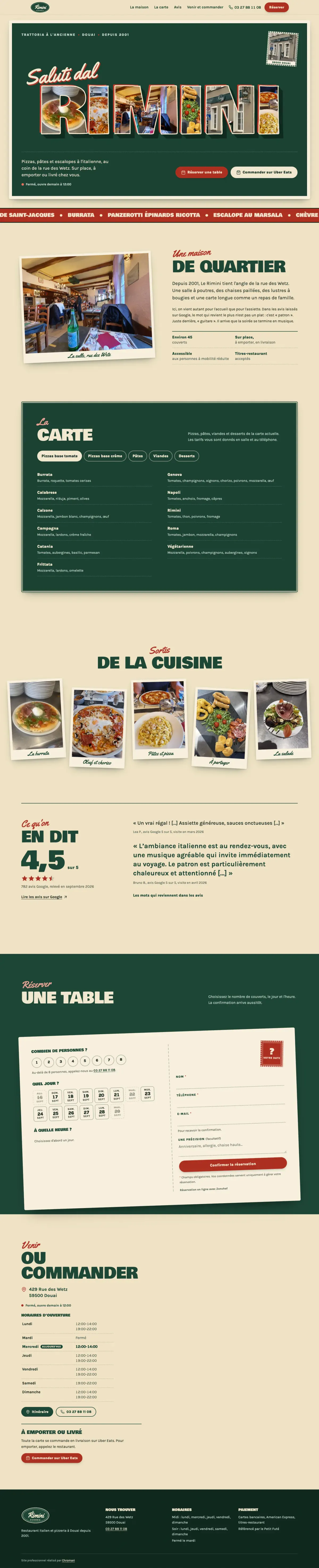 Maquette du site de Le Rimini, trattoria et pizzeria à Douai, rue des Wetz : haut de la page d'accueil.