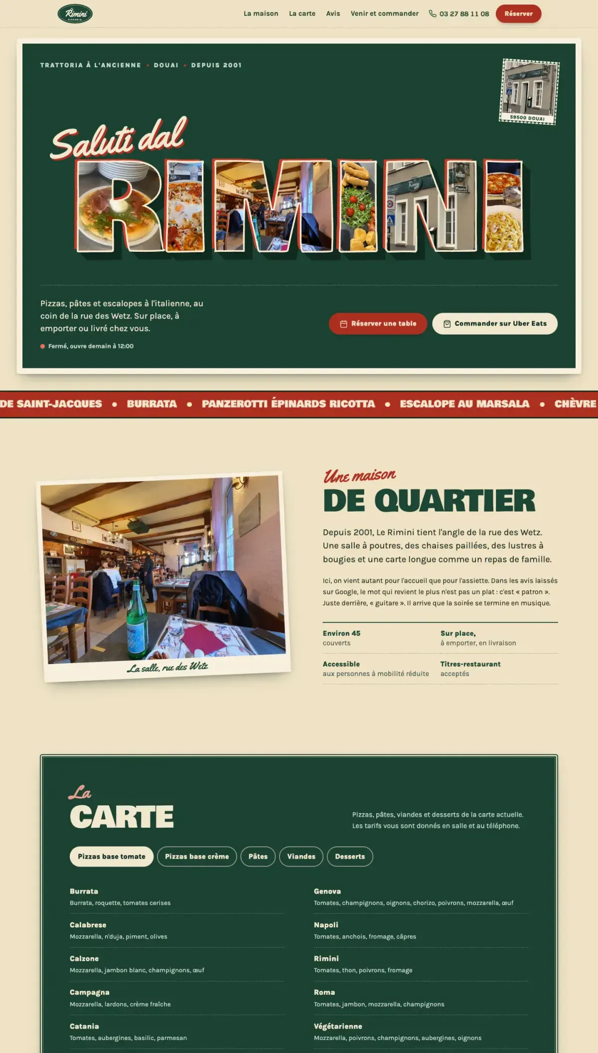 Maquette du site de Le Rimini, trattoria et pizzeria (Douai, rue des Wetz) : haut de la page d'accueil.
