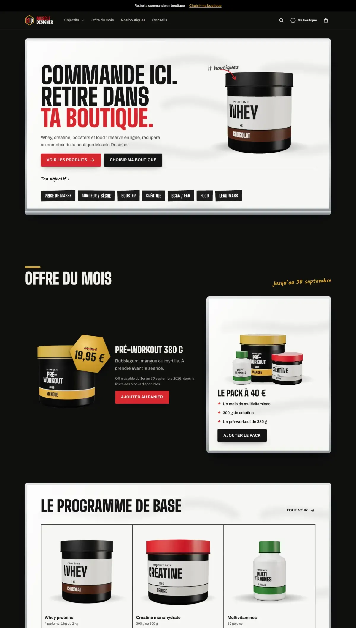Maquette du site de Muscle Designer, nutrition sportive, 11 boutiques (Nord et Pas-de-Calais) : haut de la page d'accueil.